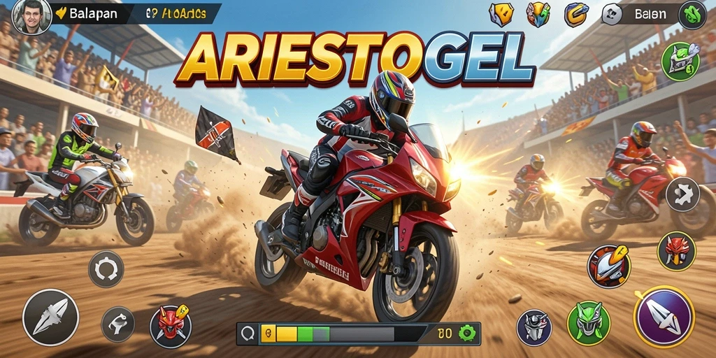 Screenshot gameplay ARIESTOGEL menampilkan balapan motor yang seru dan intens.