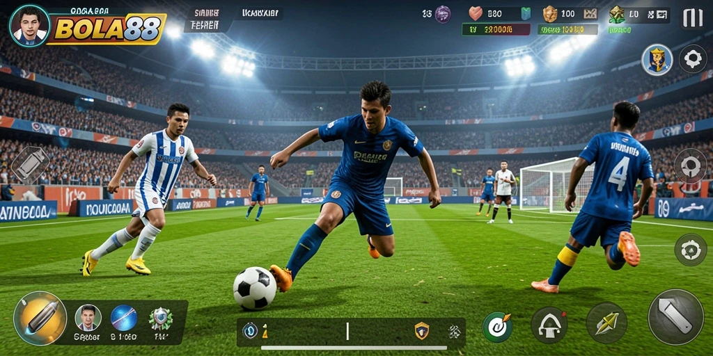 Tampilan gameplay BOLA88 dengan aksi sepak bola yang menegangkan.