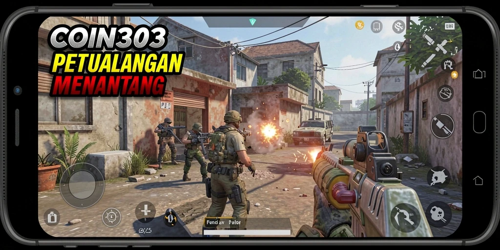 Screenshot utama COIN303 menampilkan aksi tembak-menembak intens di medan perang.