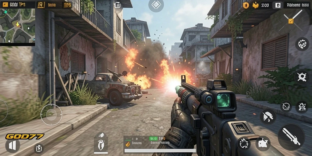 Screenshot permainan GOD77 menampilkan aksi menegangkan dalam mode TPS.
