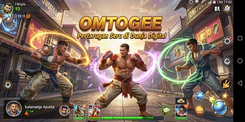 Screenshot dari OMTOGEL menampilkan pertarungan seru antara karakter di arena.