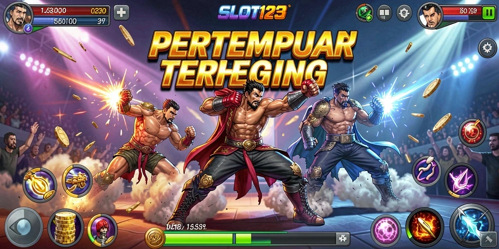 Tampilkan aksi seru pertarungan dalam SLOT123 dengan karakter yang menonjol.